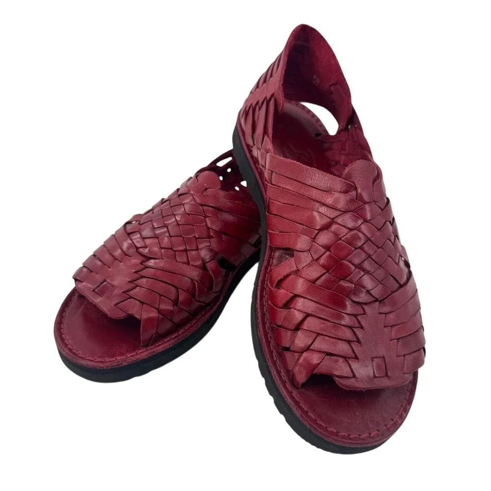 Brand X Red Leather Woven Huarache Sandals Womens Size 6.5Mexico Flat Boho